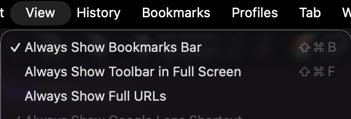 Chrome View menu with Always Show Toolbar in Full Screen unchecked