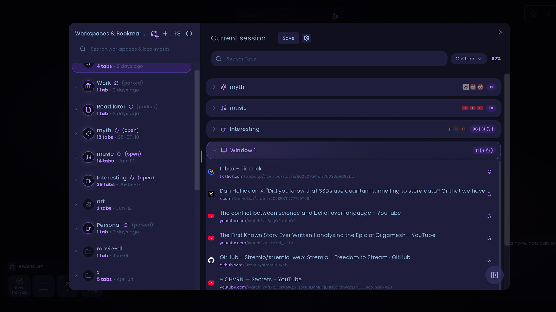 Sesh sessions widget with workspaces sidebar and open windows
