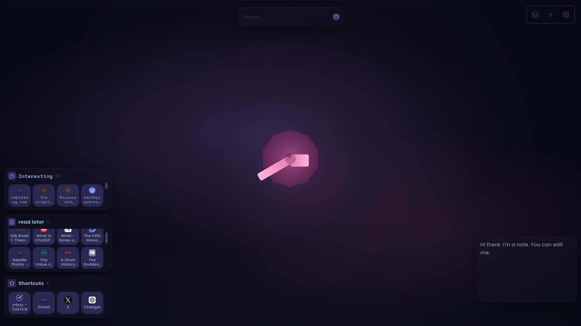 Sesh new tab with Zen Dark theme, clock widget, and workspace widgets