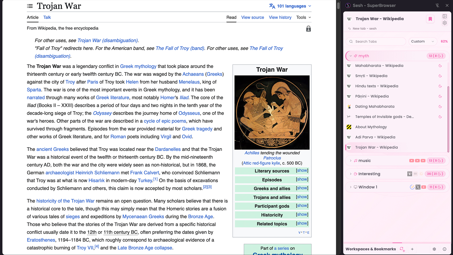 Sesh side panel open beside a webpage with workspace tab groups visible
