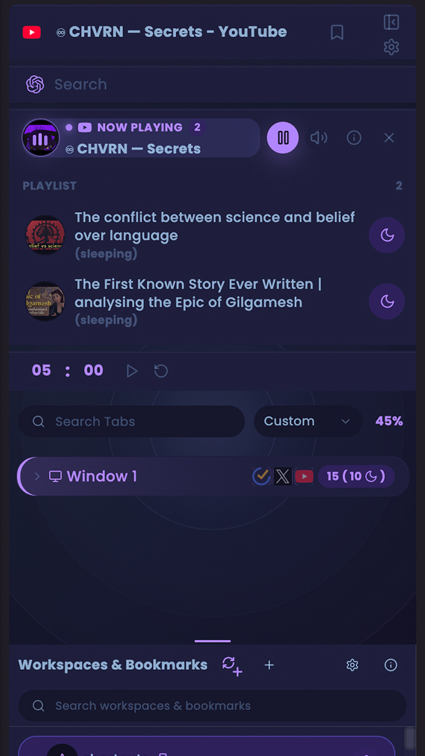Sesh side panel with tab groups, countdown timer, sleeping tabs, and memory savings