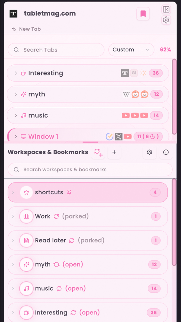 Sesh side panel with workspace tab groups, parked folders, and bookmarks