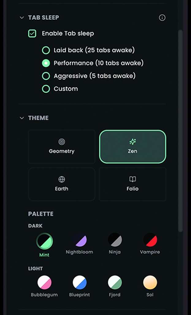Sesh settings with tab sleep profiles, themes, and palettes