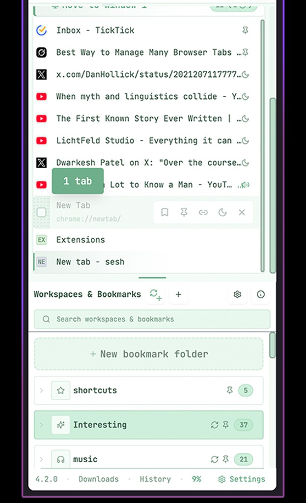 Sesh workspaces and bookmark folders in the side panel